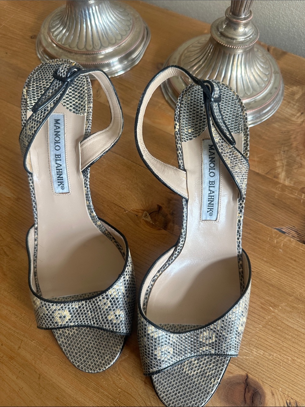 Manolo Blahnik Beige and Black Snake  Open-Toe Heels